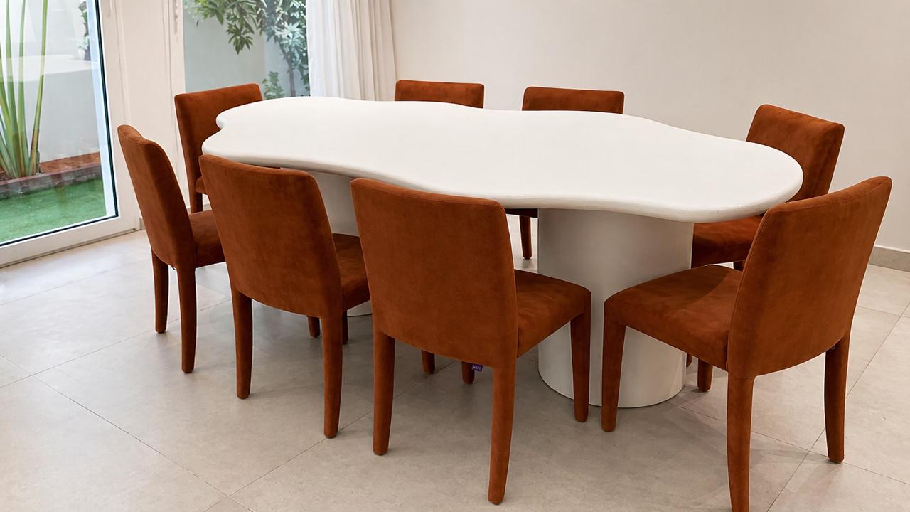Organic White Dining Table with Terracotta Velvet Chairs