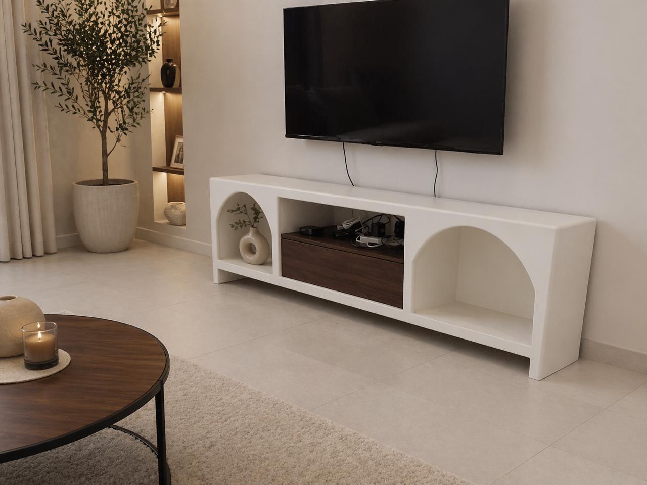Arched TV Unit with Walnut Drawer