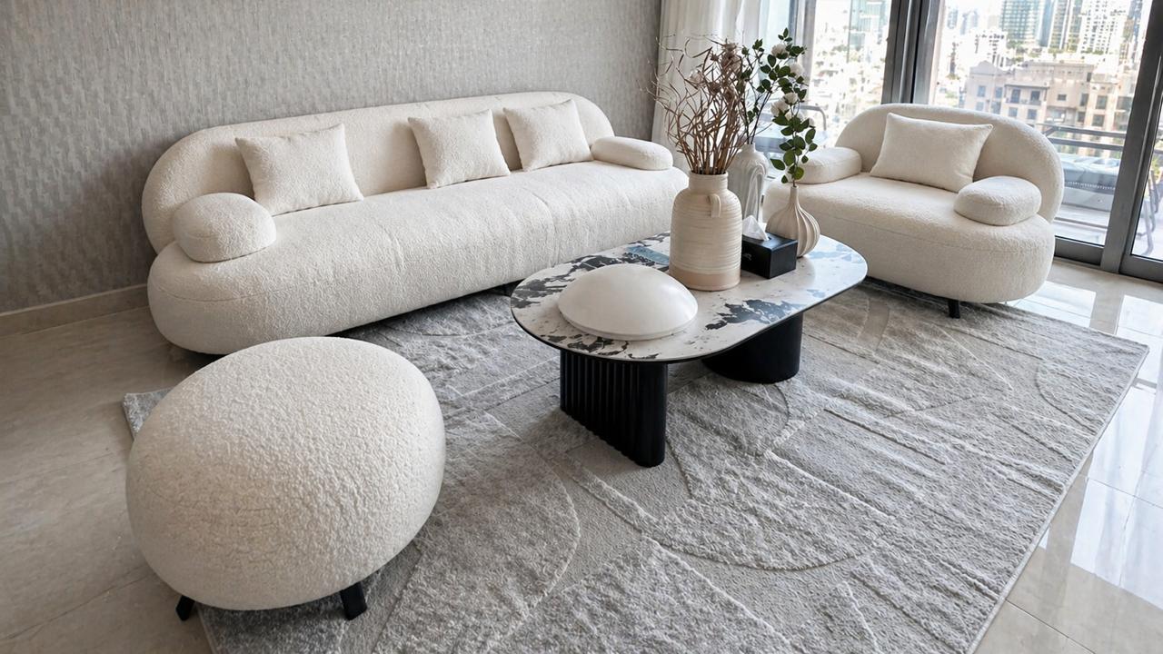White Curved Boucle Sofa